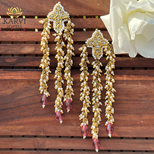 - Dazzling Dangles: 22K Gold Polki Earrings with Uncut Diamonds and Pearls