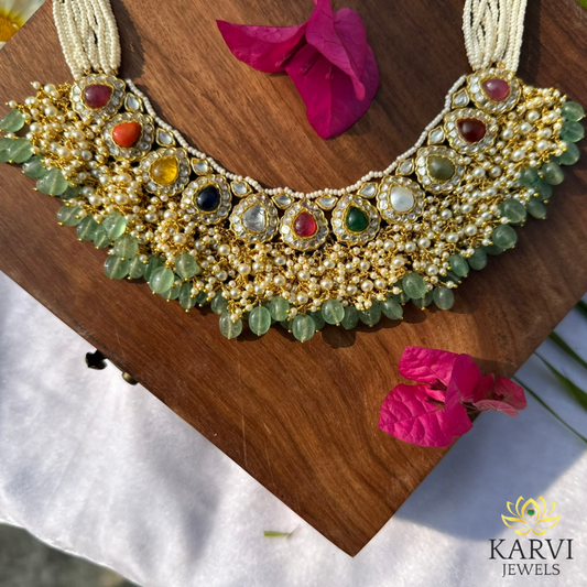 Navratan Raindrop Choker - Celestial Elegance in 22k Gold