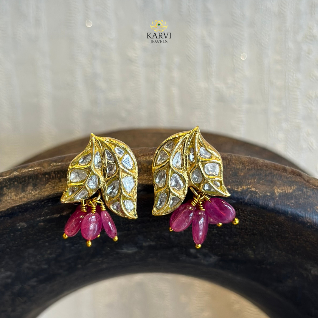 22k Gold Polki Studs - Enchanting Natural Leaf Design