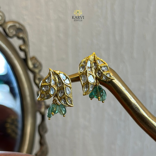 22k Gold Polki Studs - Enchanting Natural Leaf Design