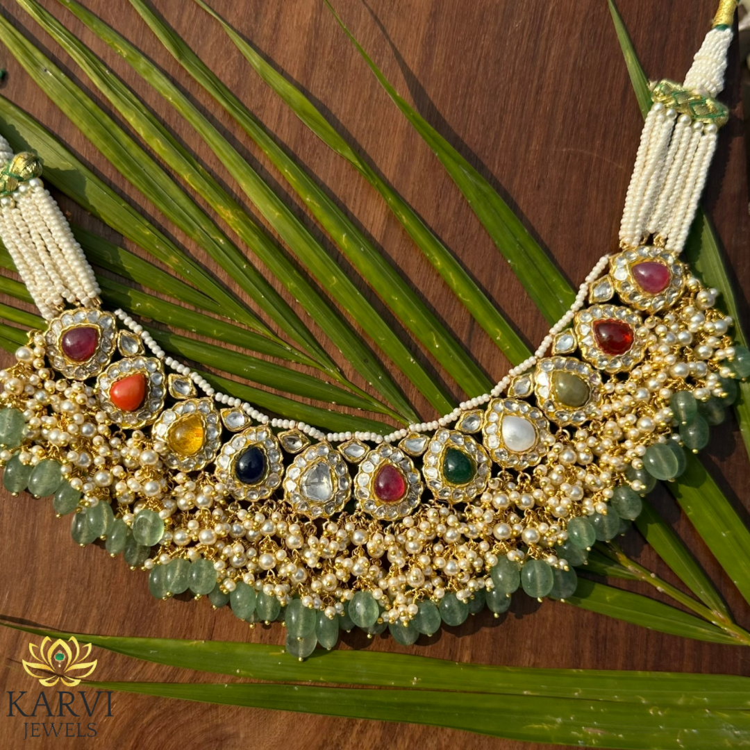 Navratan Raindrop Choker - Celestial Elegance in 22k Gold