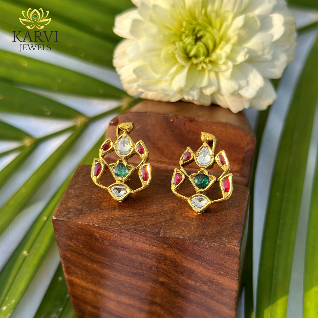 Gold Studs: 22K Gold Polki Earrings with Gemstones