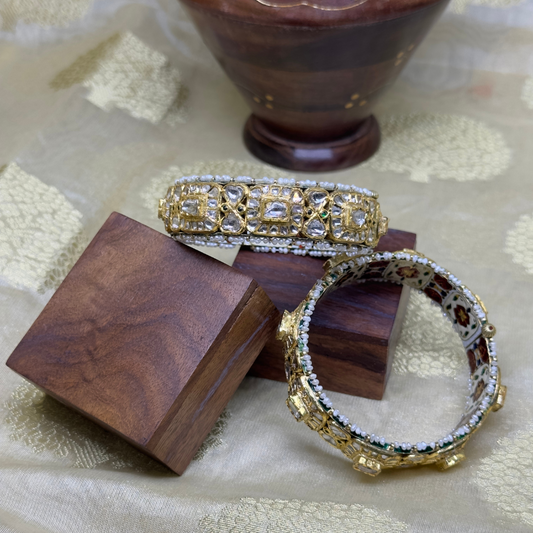 Gold Jadau Bangles with Emeralds and Pearls