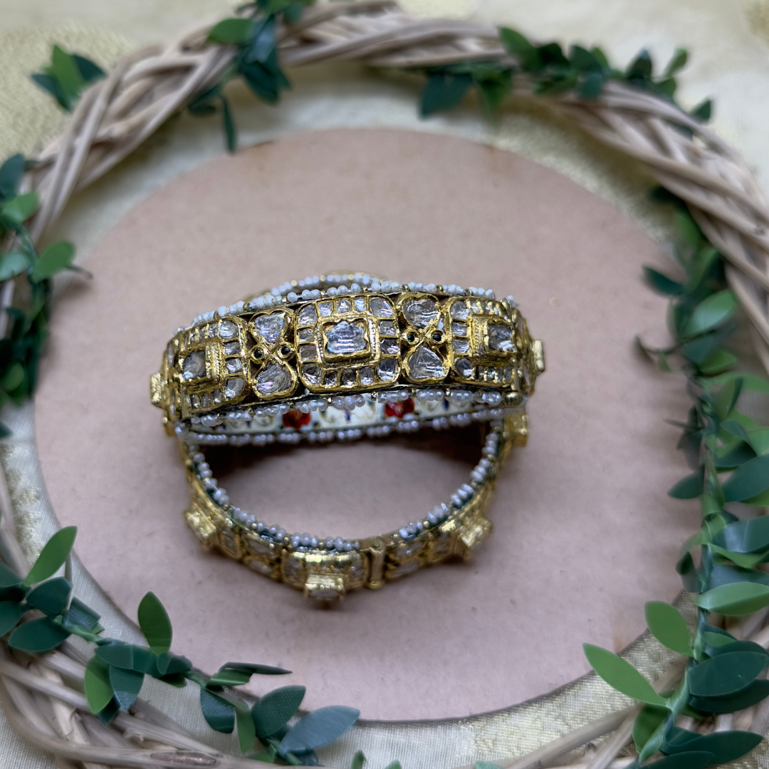 Gold Jadau Bangles with Emeralds and Pearls