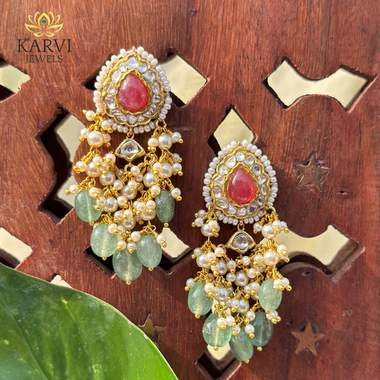 Luxurious Elegance: 22k Gold Polki Earrings with Pearls and Gems