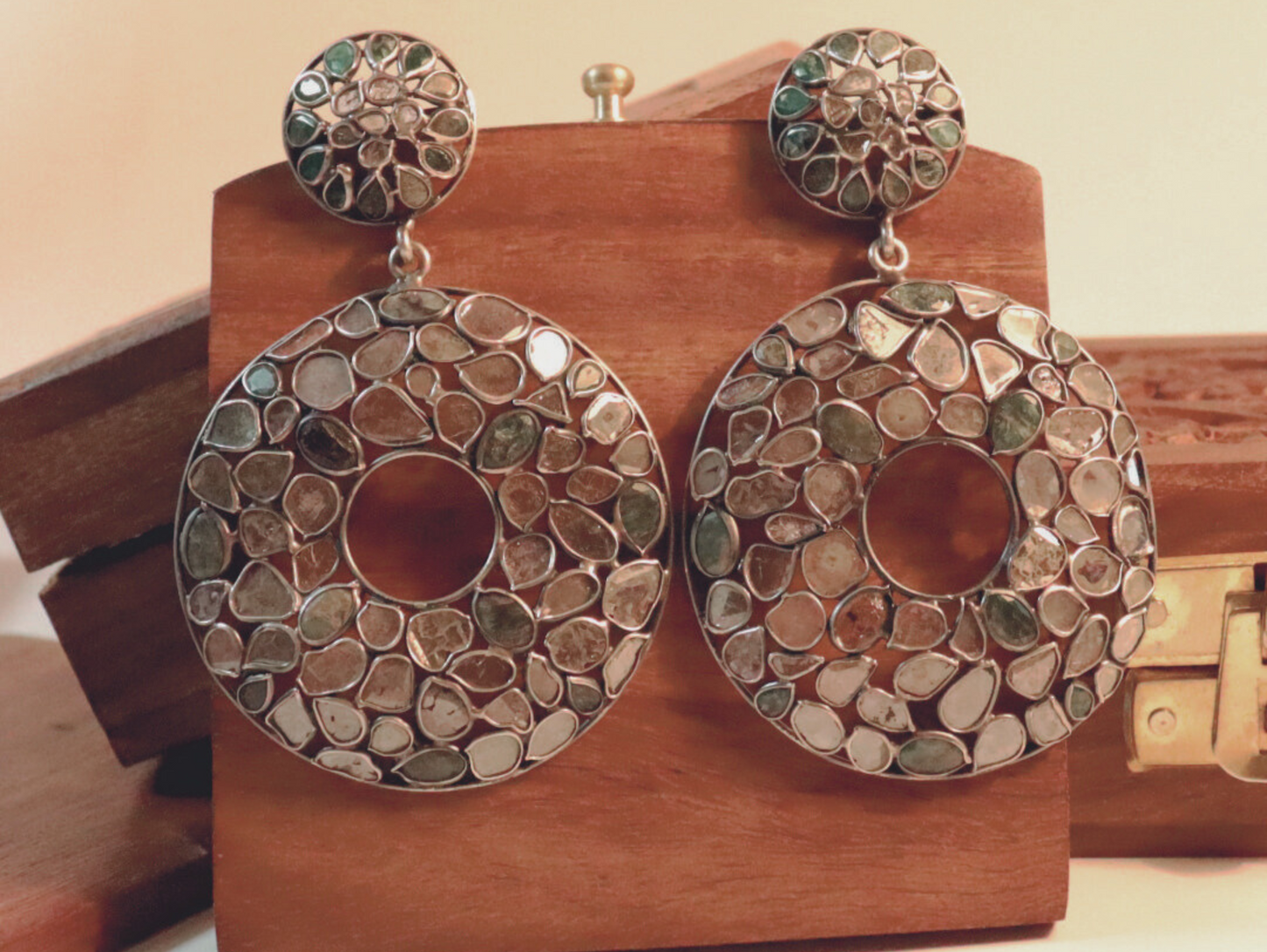 92.5 Silver Polki & Emerald Earrings